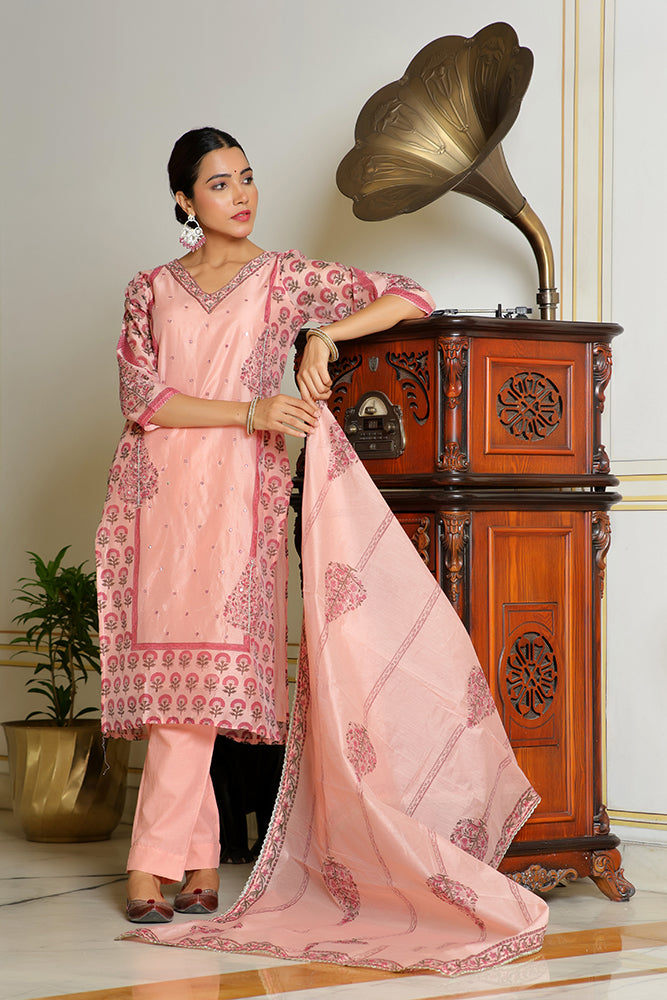 Pink Chanderi Cotton 3-Piece Suit Set