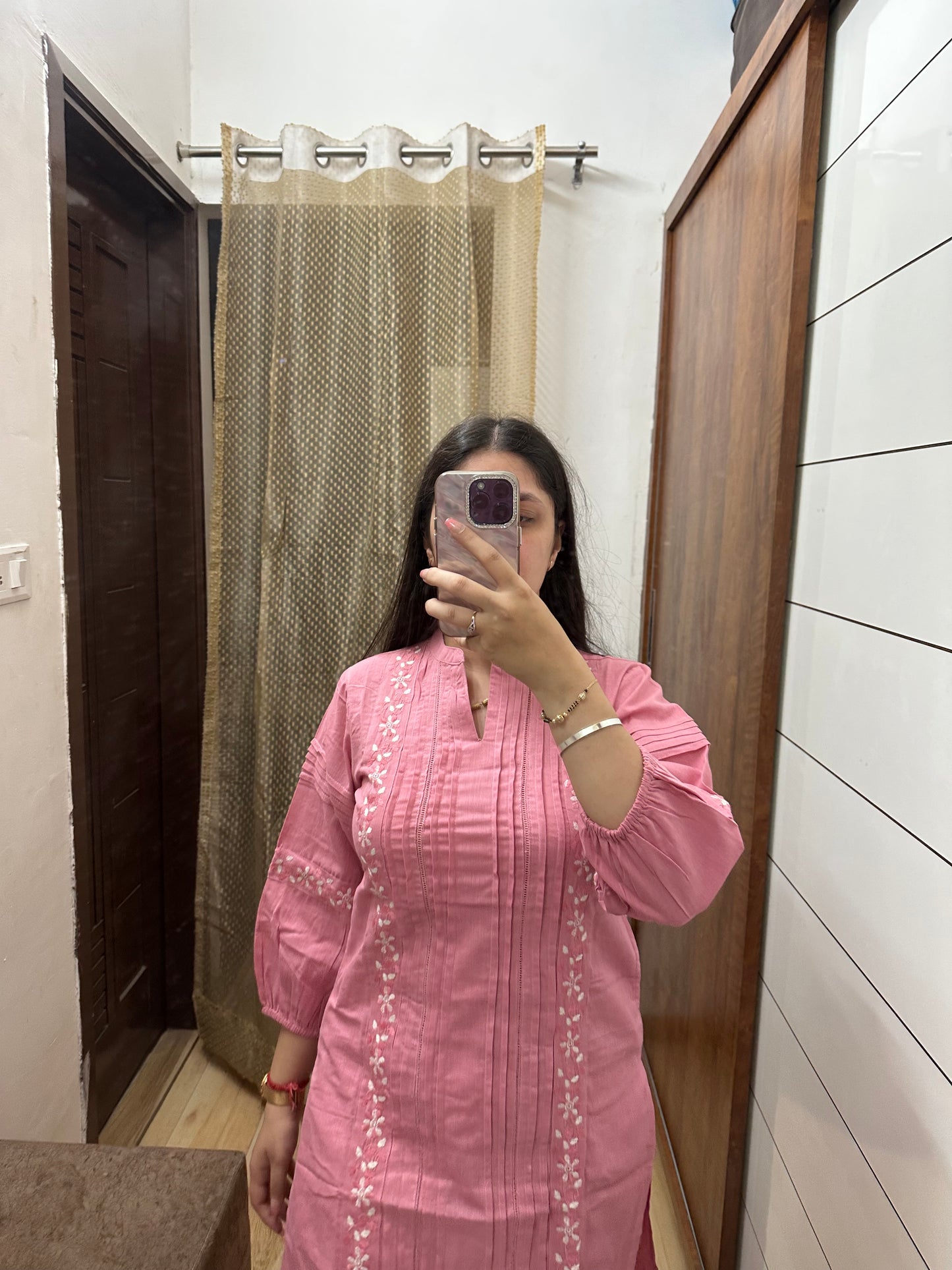 Blush Pink Khadi Cotton Kurta Set with Pintuck & Embroidery Detail