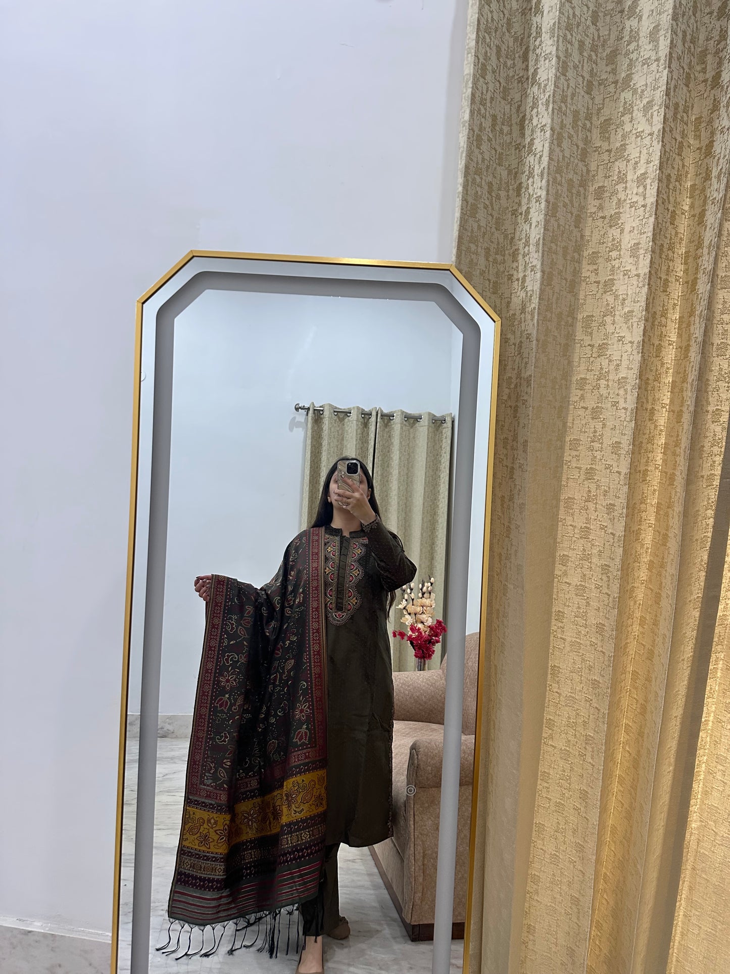 Olive Suede Velvet Suit Set with Intricate Embroidery & Banarasi Dupatta