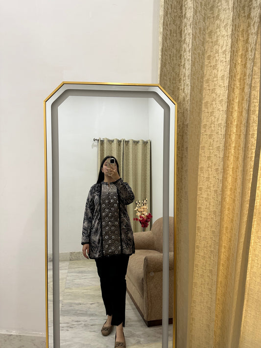 Black & Grey Printed Kurta Set with Full-Sleeve Overlay Design
