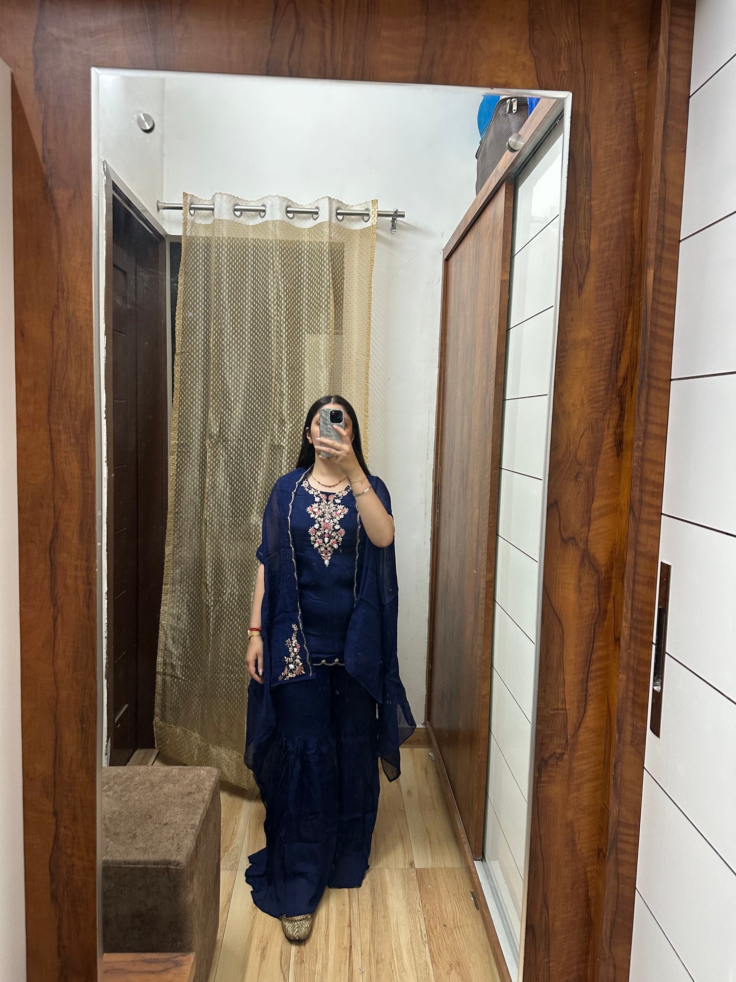 Midnight Blue Embroidered Kurta-Sharara Set with Shrug