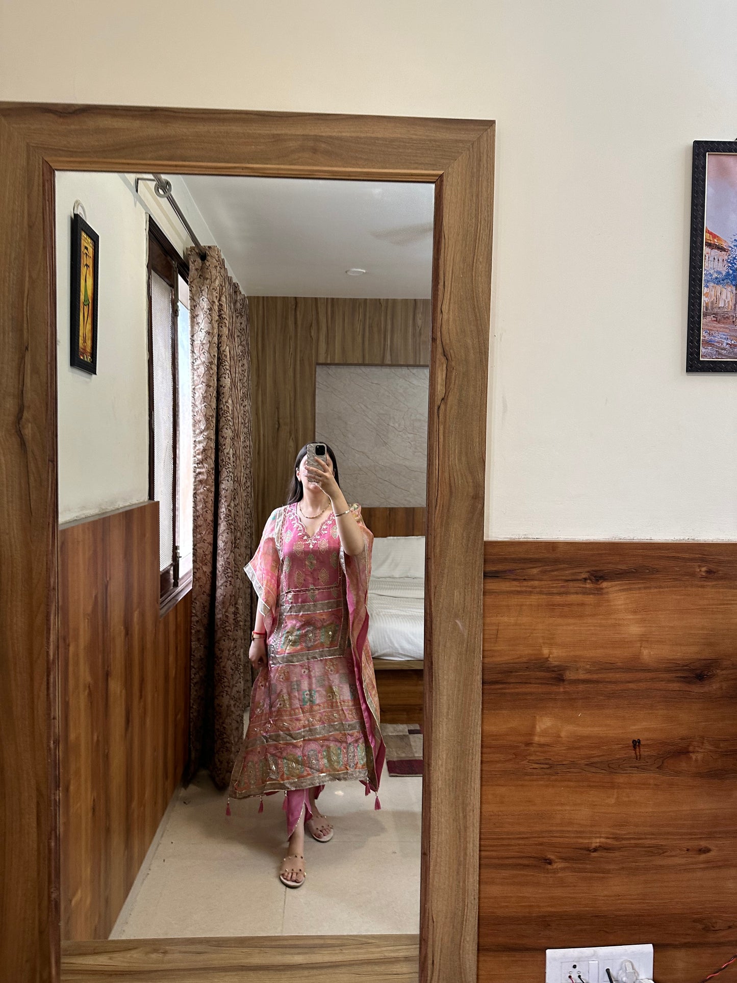 Festive Pink Printed Kaftan Kurta with Tulip Pants Set