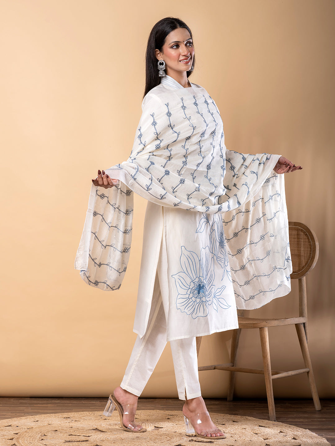 Women’s Off White Chanderi Cotton Kurta Set with Dupatta