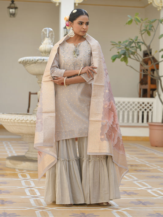 Grey Banarasi Cotton Garara Suit Set