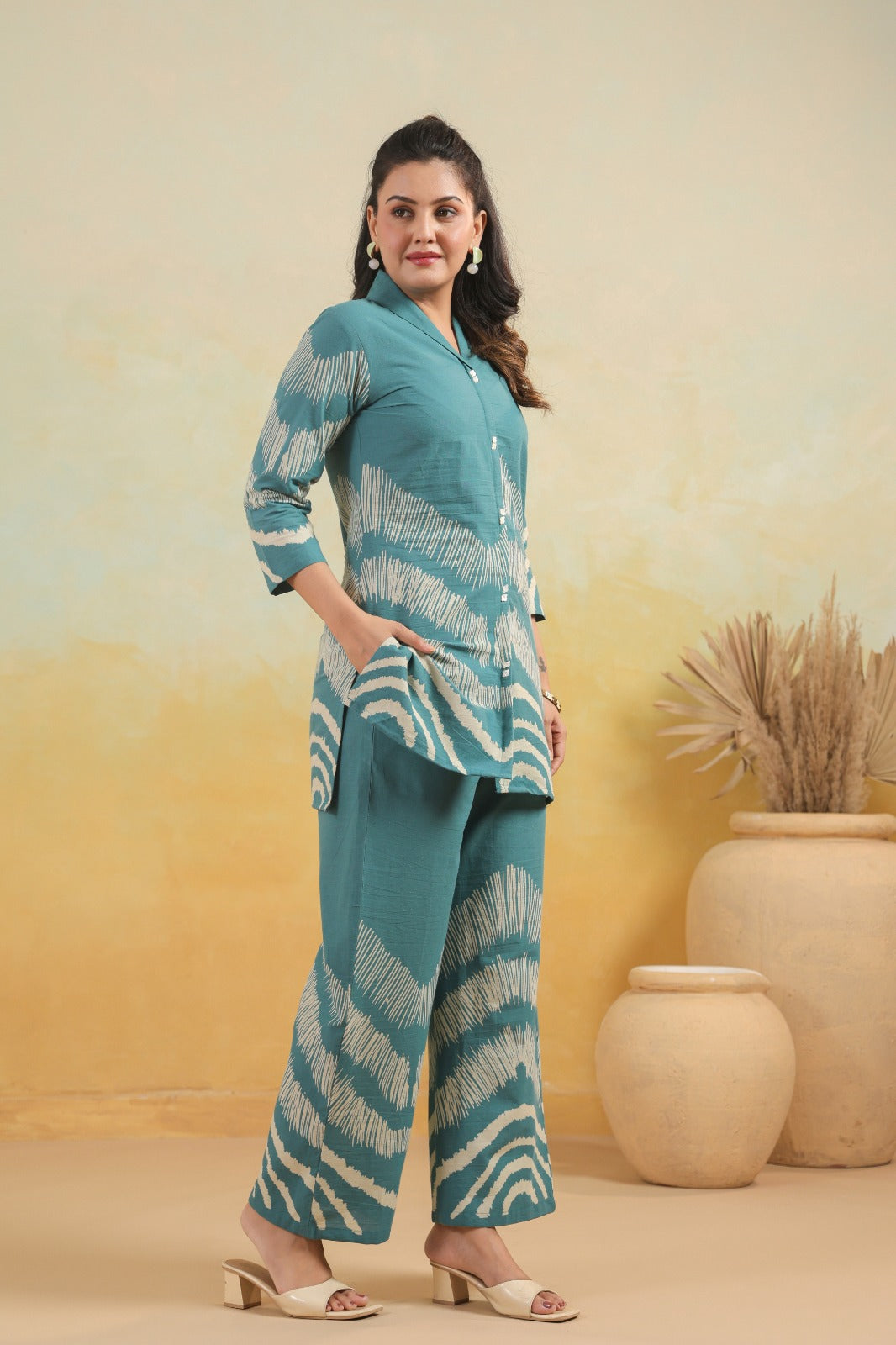 Teal Wave Print Kurta & Palazzo Coord Set