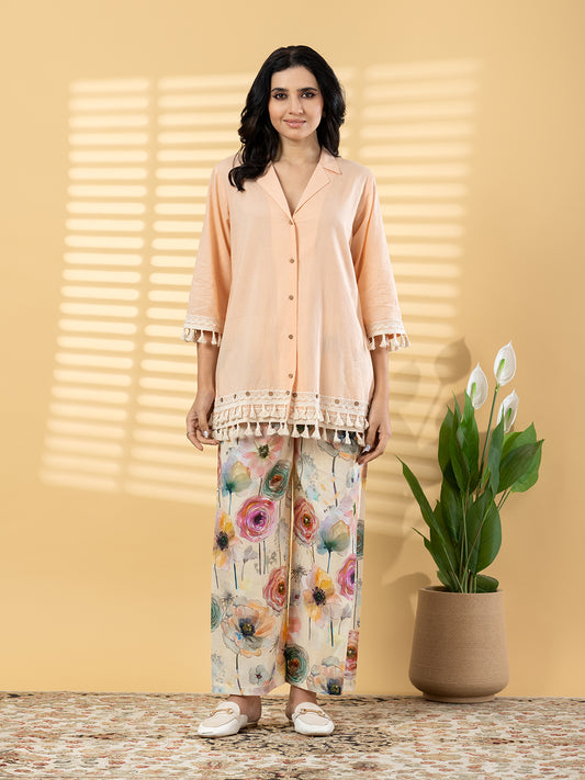 Peach Cotton Coord Set with Floral Printed Pants