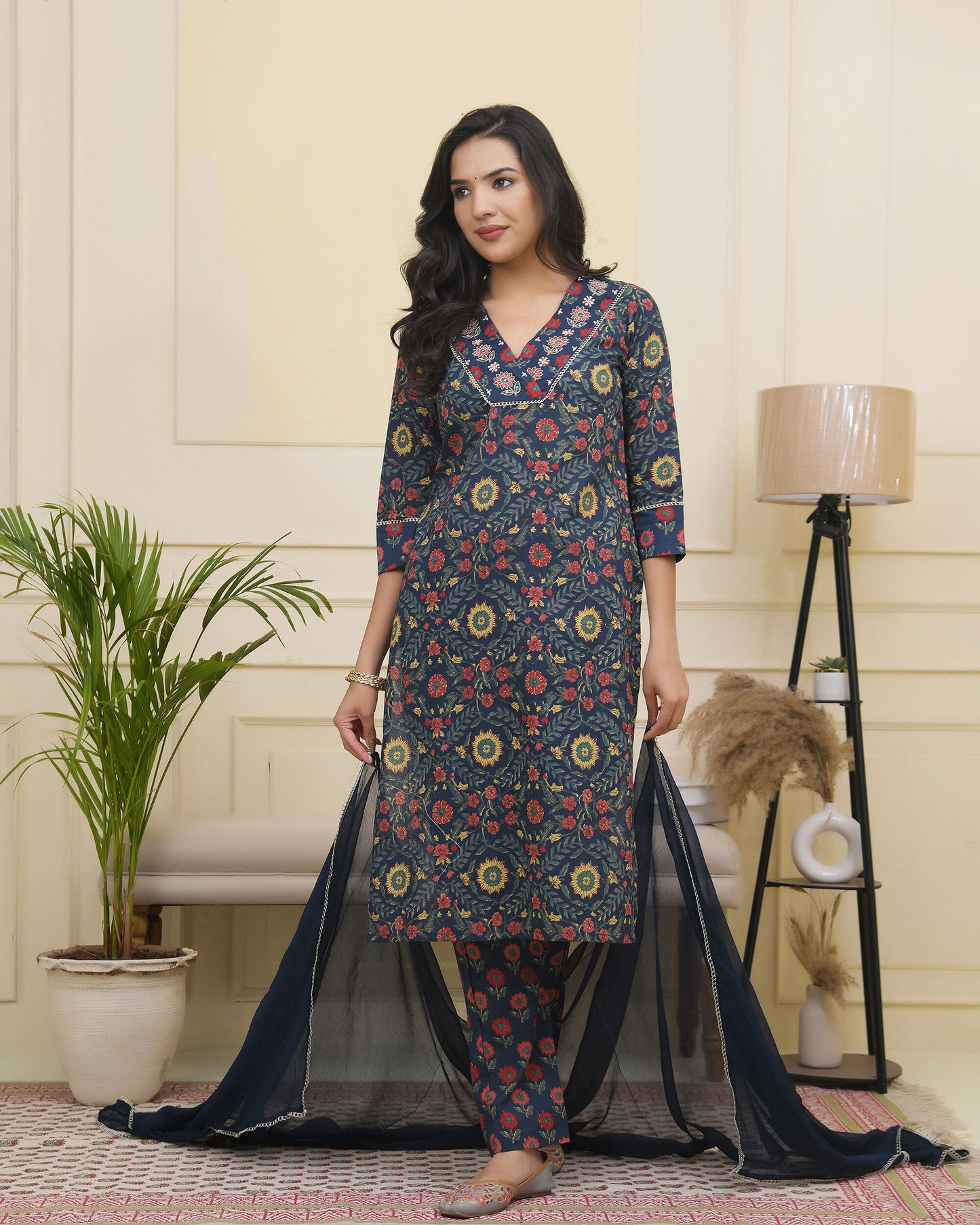 Navy Blue Pure Cotton Printed Suit Set