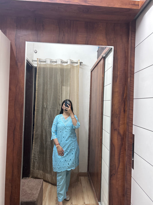 Sky Blue Cotton Eyelet Kurta Set – 2 Piece