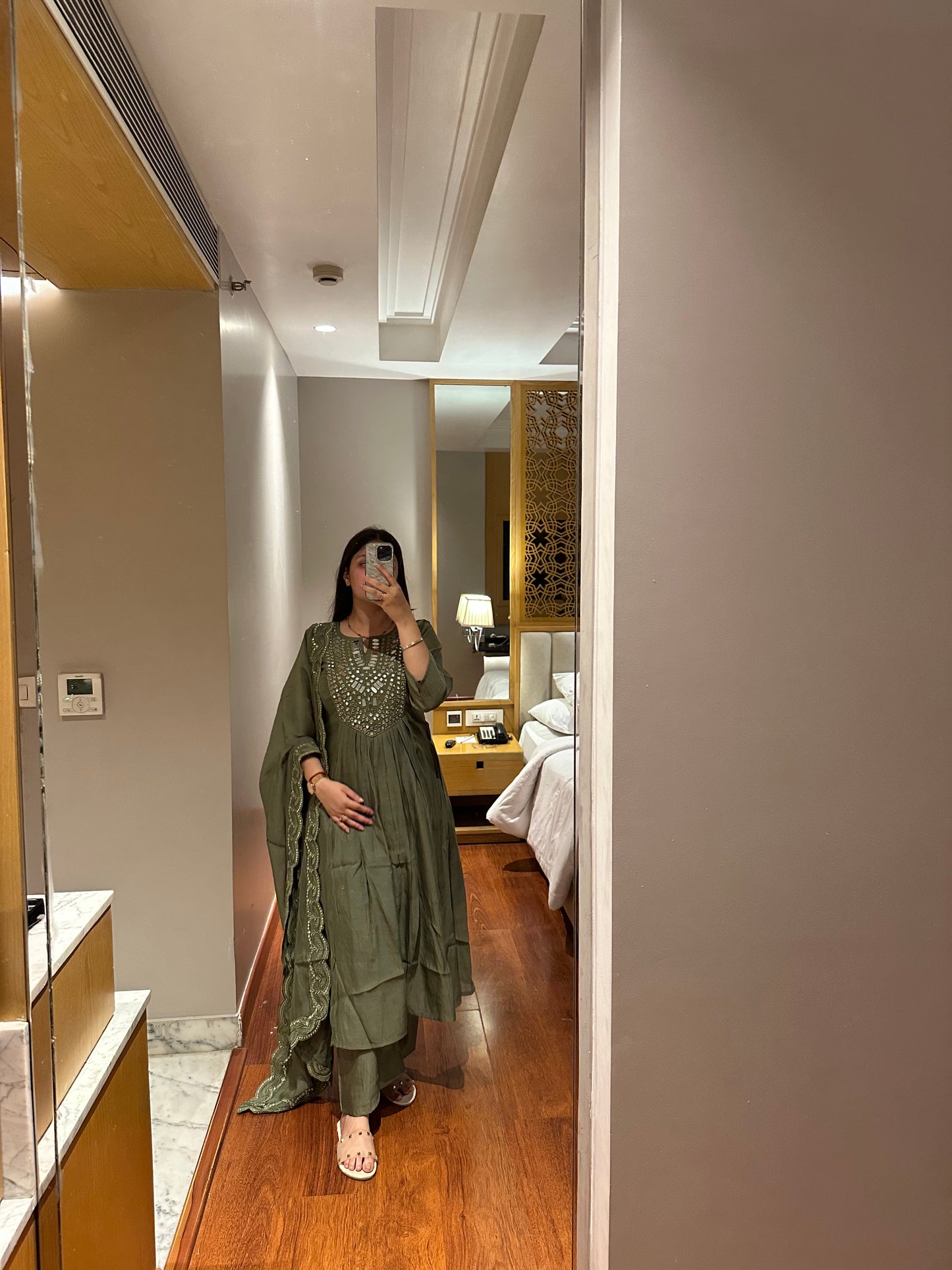 Olive Green Mirror Work Anarkali Set with Dupatta