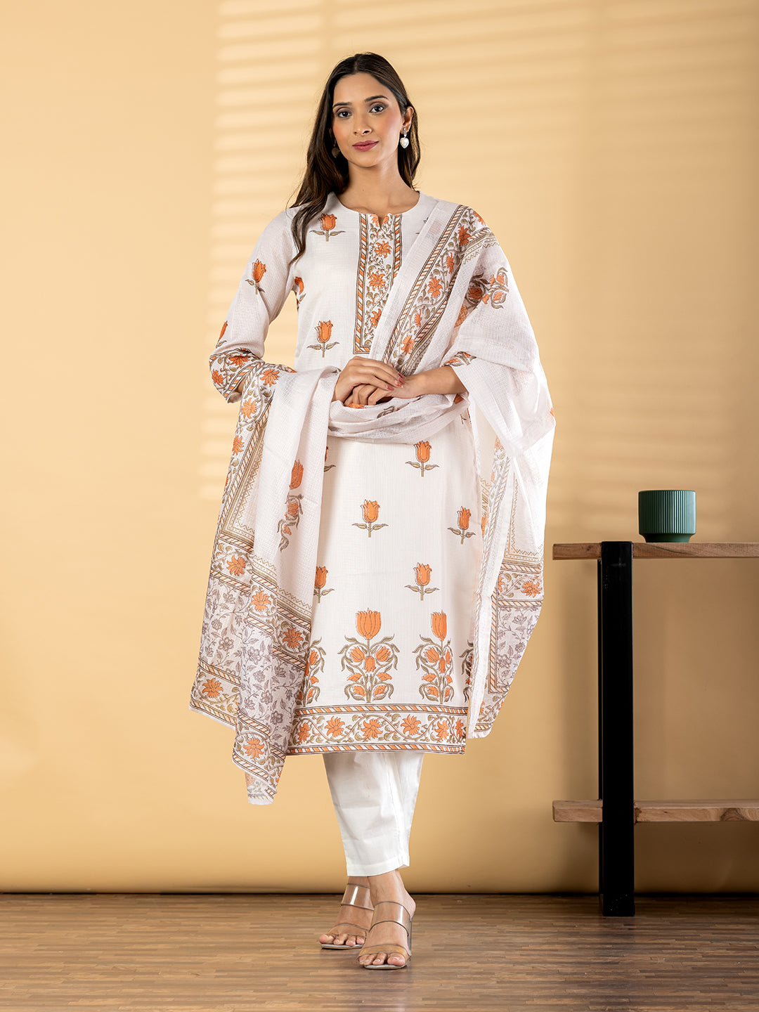 Cream Cota Doria Floral Suit Set with Dupatta
