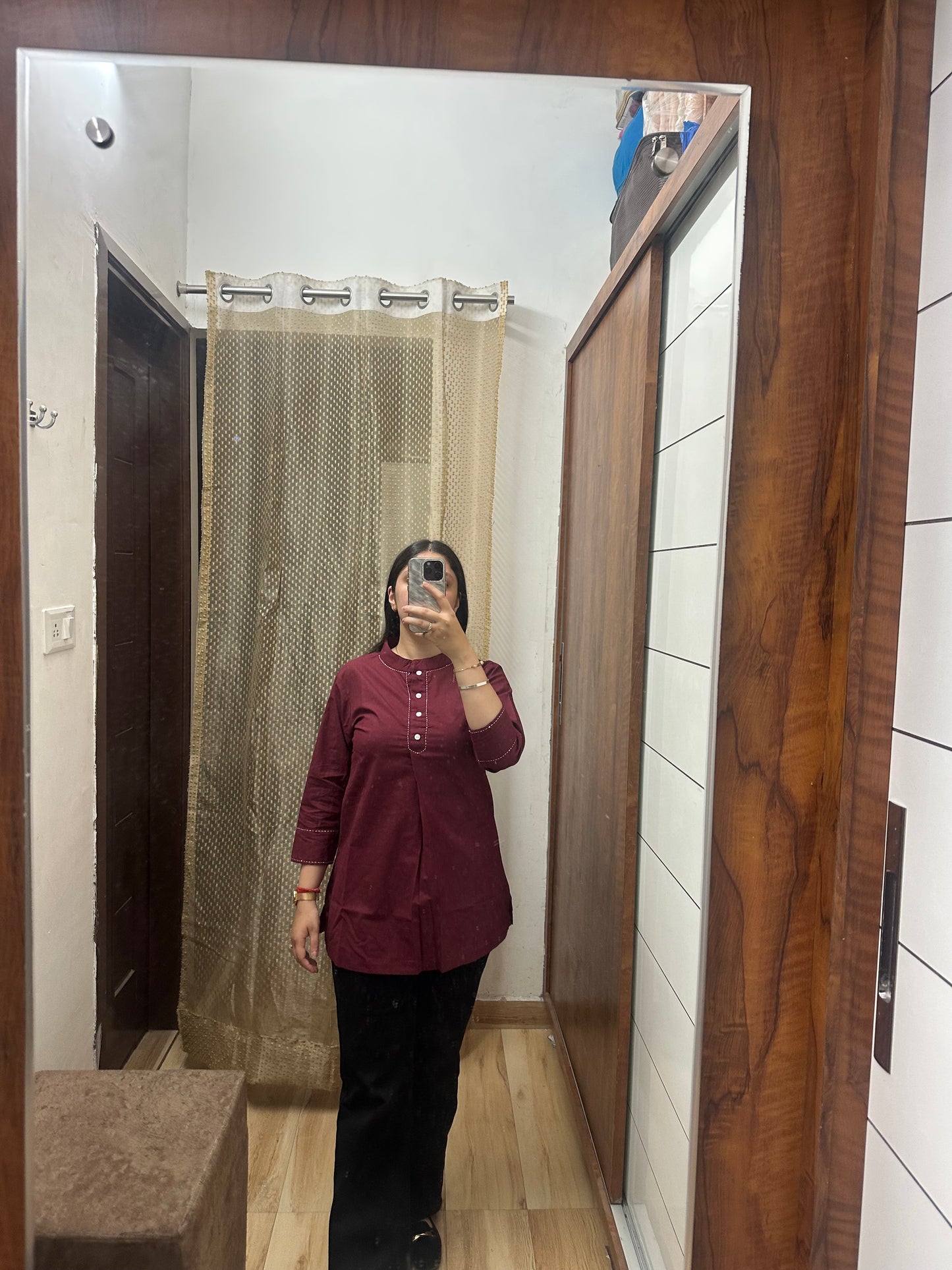 Solid Maroon Cotton Kurti Top – Pleated Front with Stitch Detailing