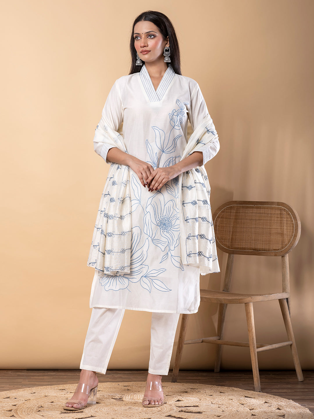 Women’s Off White Chanderi Cotton Kurta Set with Dupatta