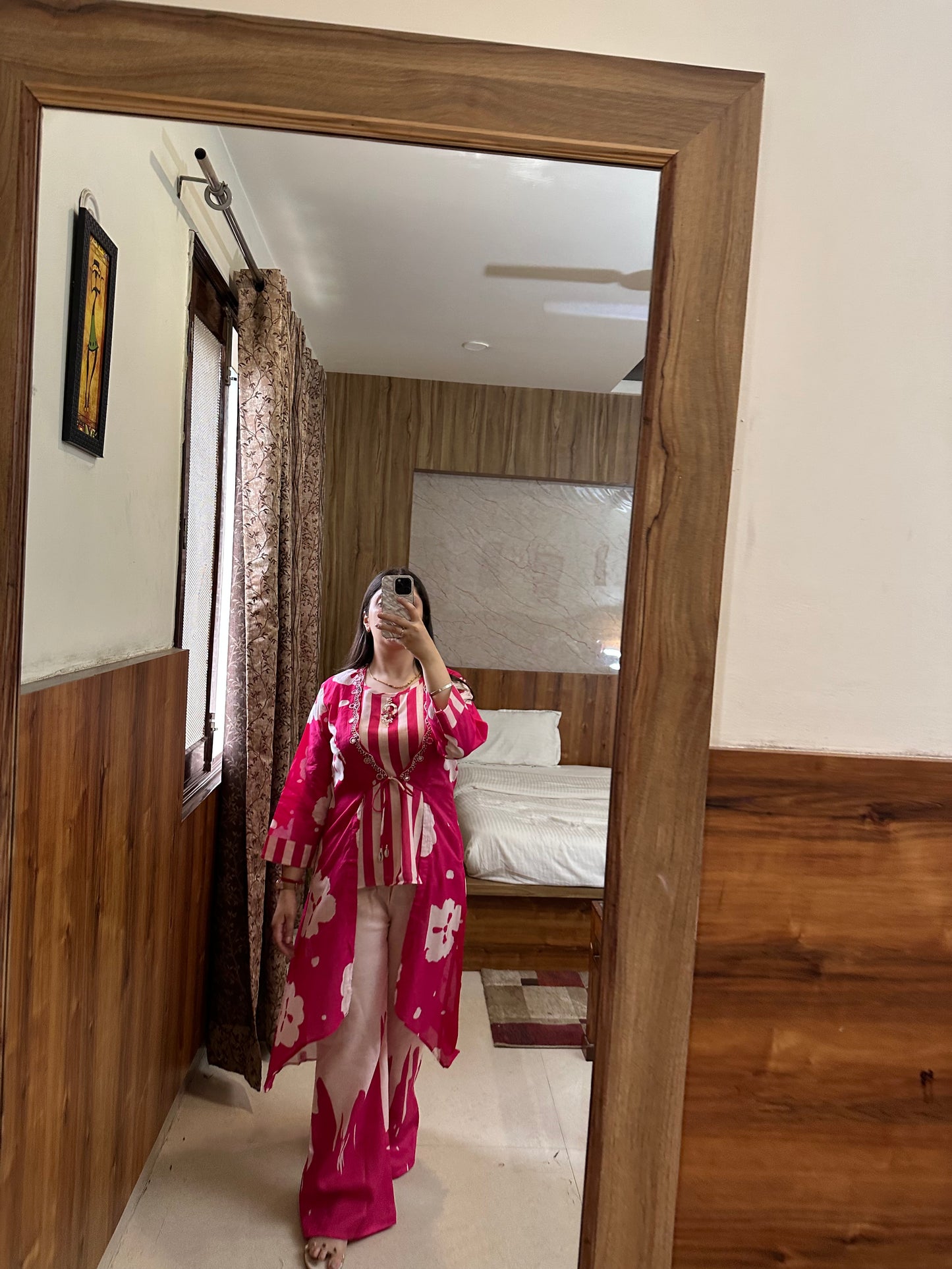 Fuchsia Pink 3-Piece Coord Set – Top, Bell Bottom Pants & Shrug