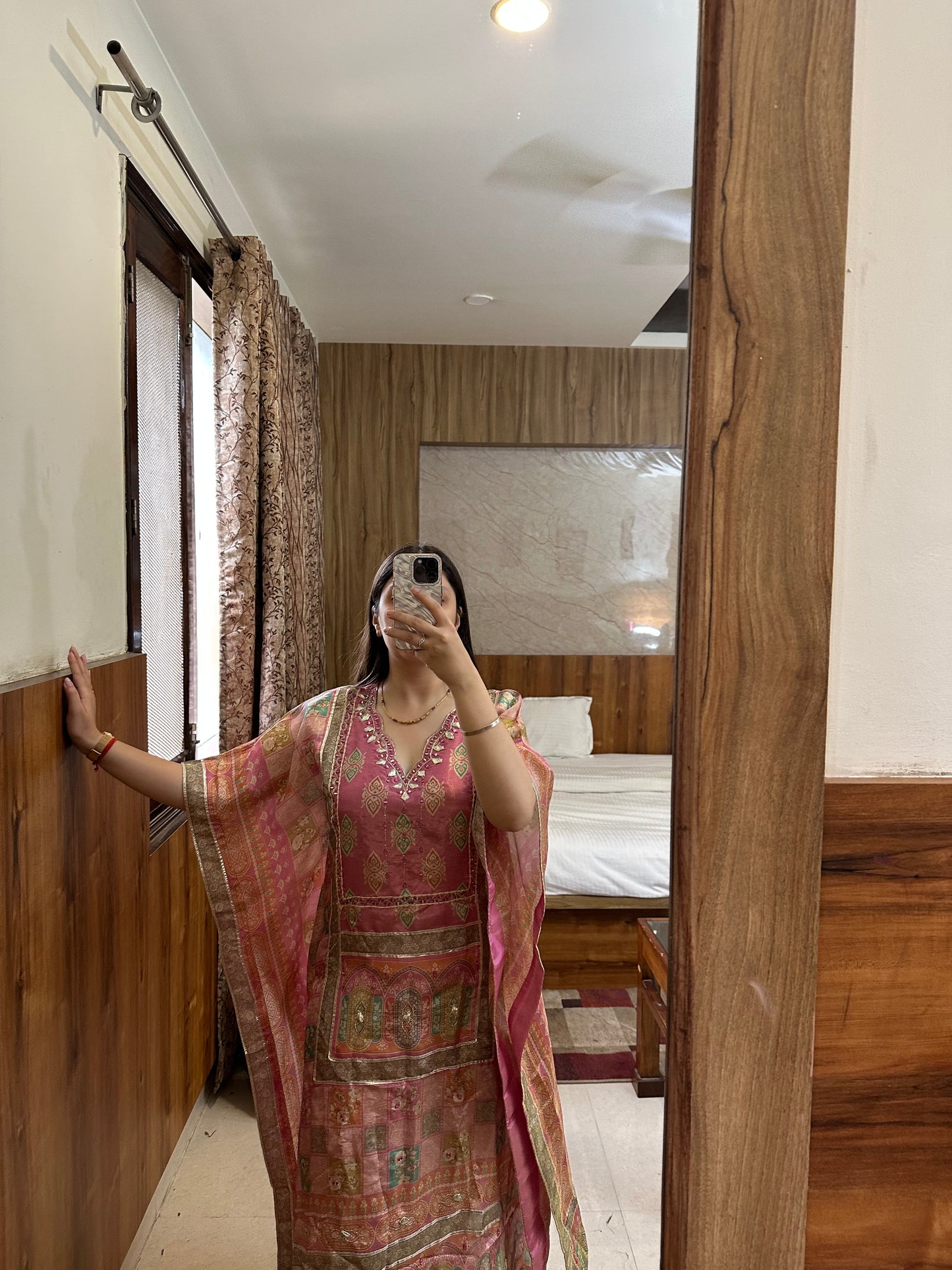 Festive Pink Printed Kaftan Kurta with Tulip Pants Set