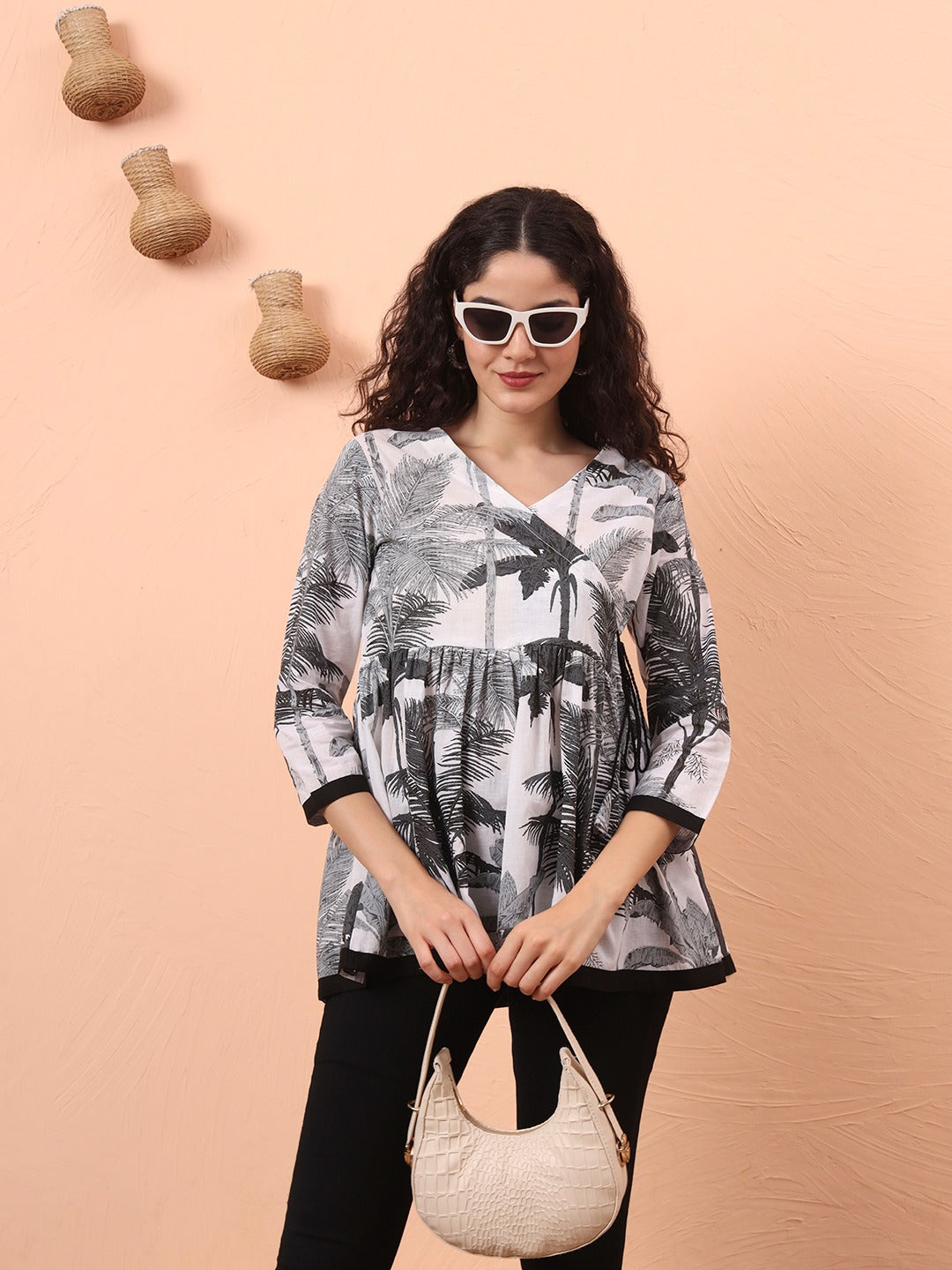 White Printed Cotton Angrakha Short kurta – Casual Summer V-Neck Tunic