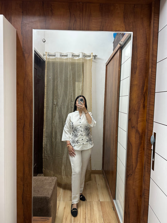 White Coord Set with Black Embroidery