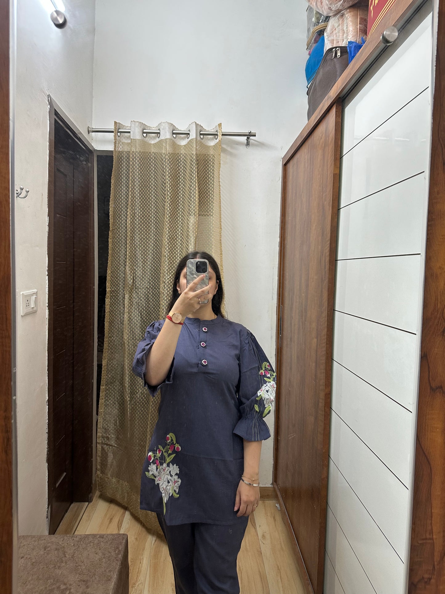 Indigo Blue Coord Set with Puff Sleeves & Floral Print Accents