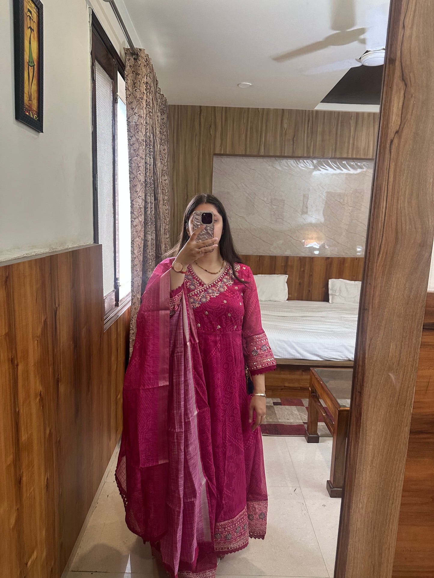 Rani Pink Anarkali Suit with Loose Sharara Pants & Dupatta