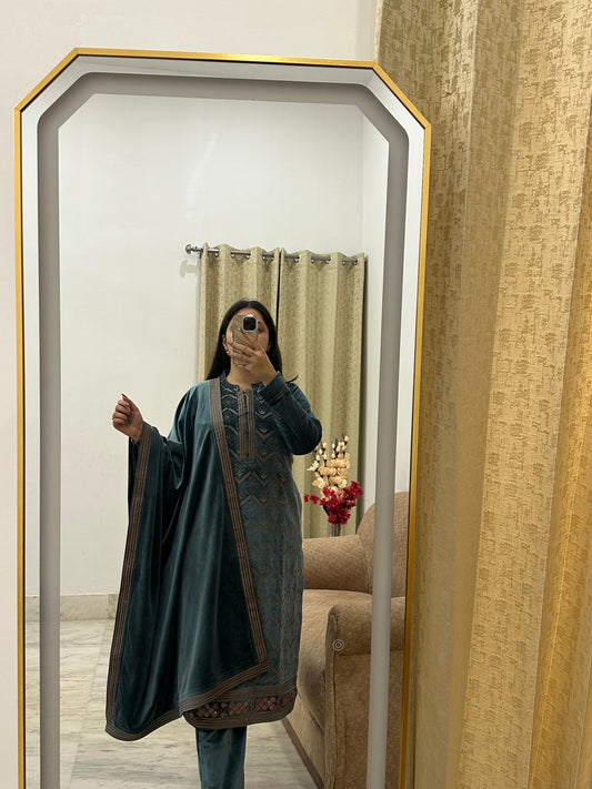 Teal Blue Velvet Suit Set with Intricate Thread Embroidery & Matching Dupatta