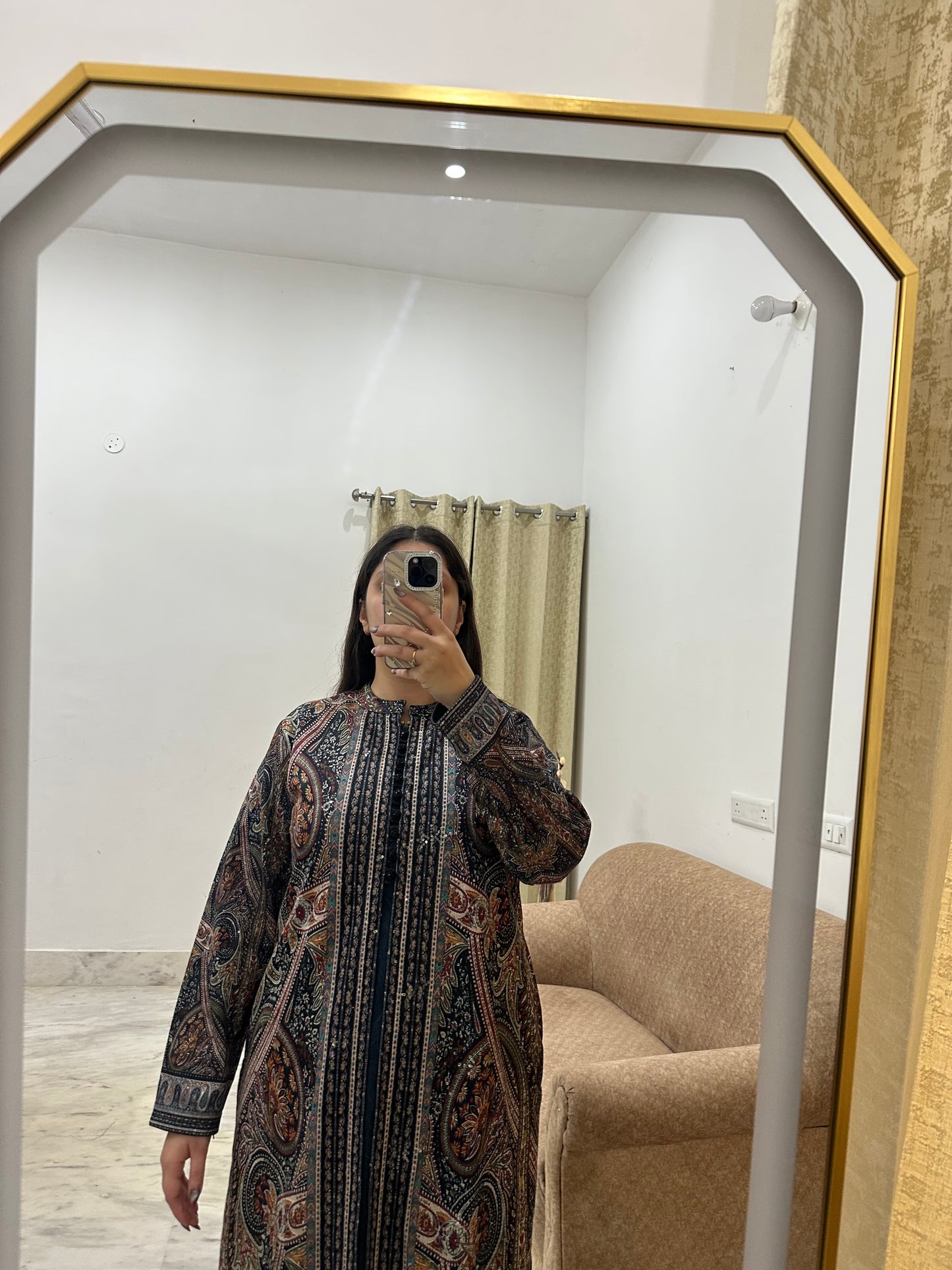 Center-Cut Velvet Printed Jacket Set with Embroidered Detailing