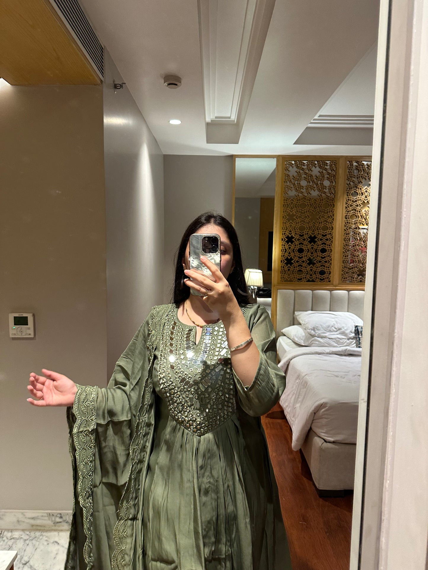 Olive Green Mirror Work Anarkali Set with Dupatta
