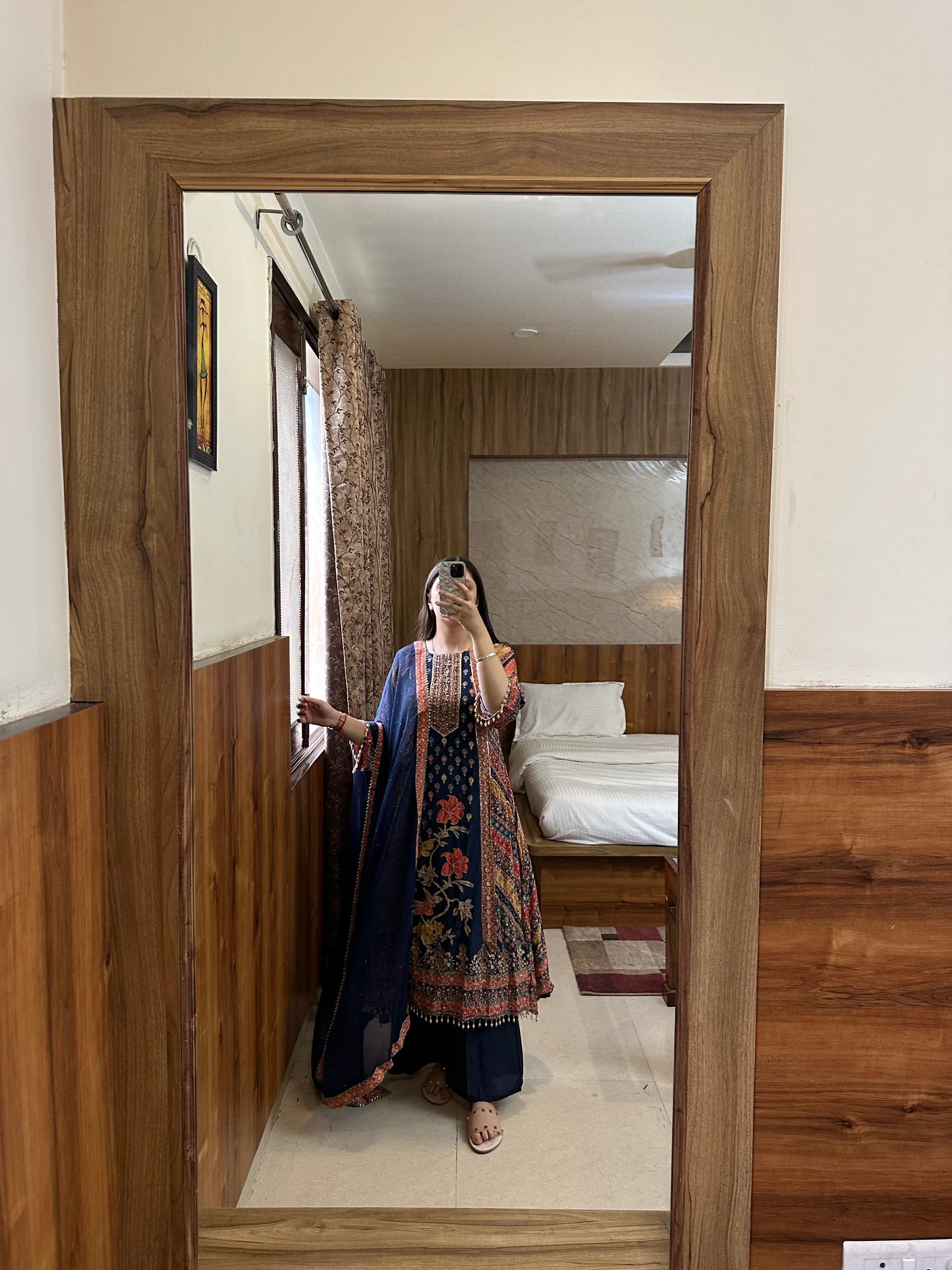 Navy Blue Pakistani Printed Pure Crepe Anarkali Set