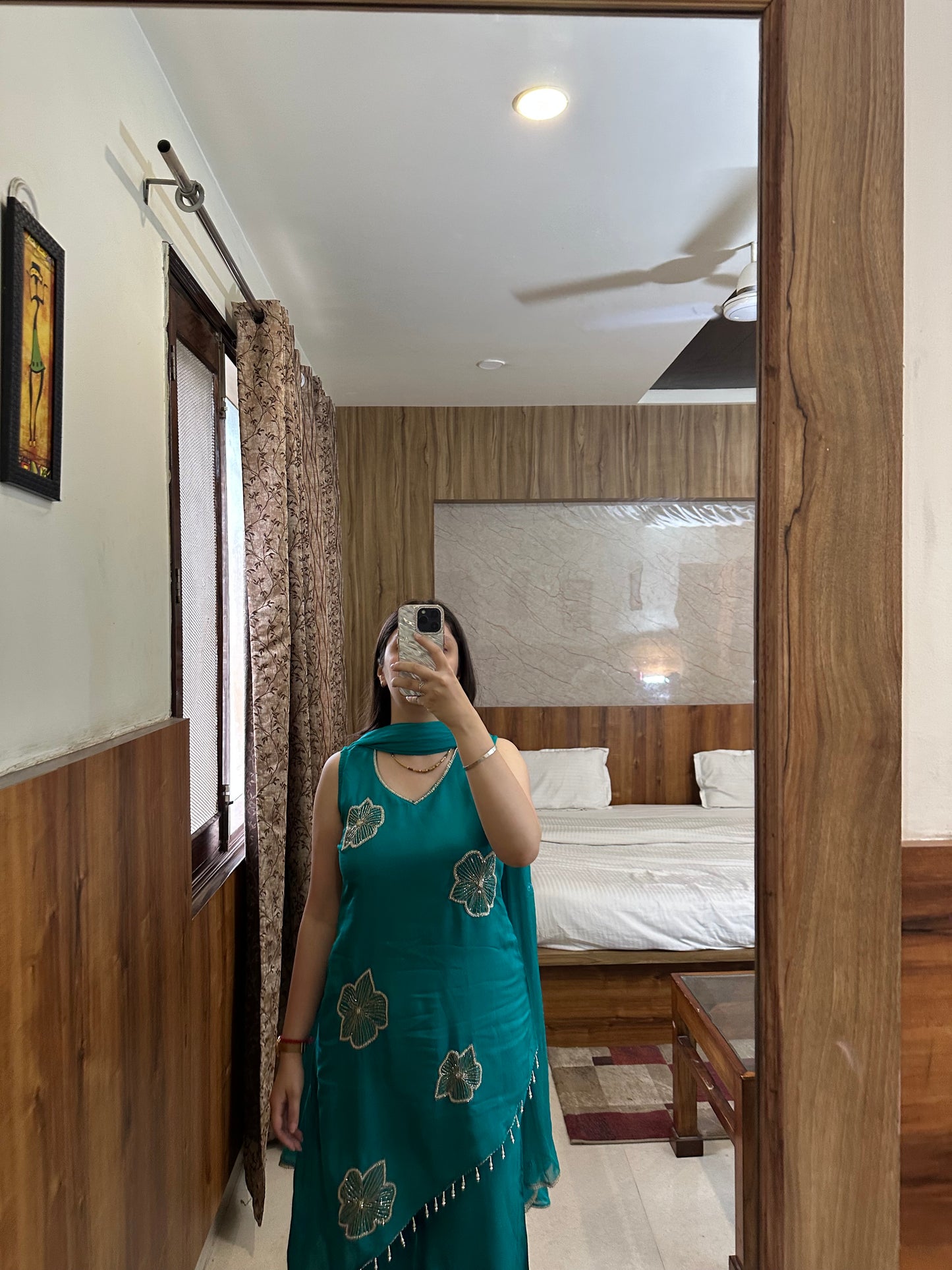 Teal Cotton Asymmetrical Kurta Set with Floral Embellishments