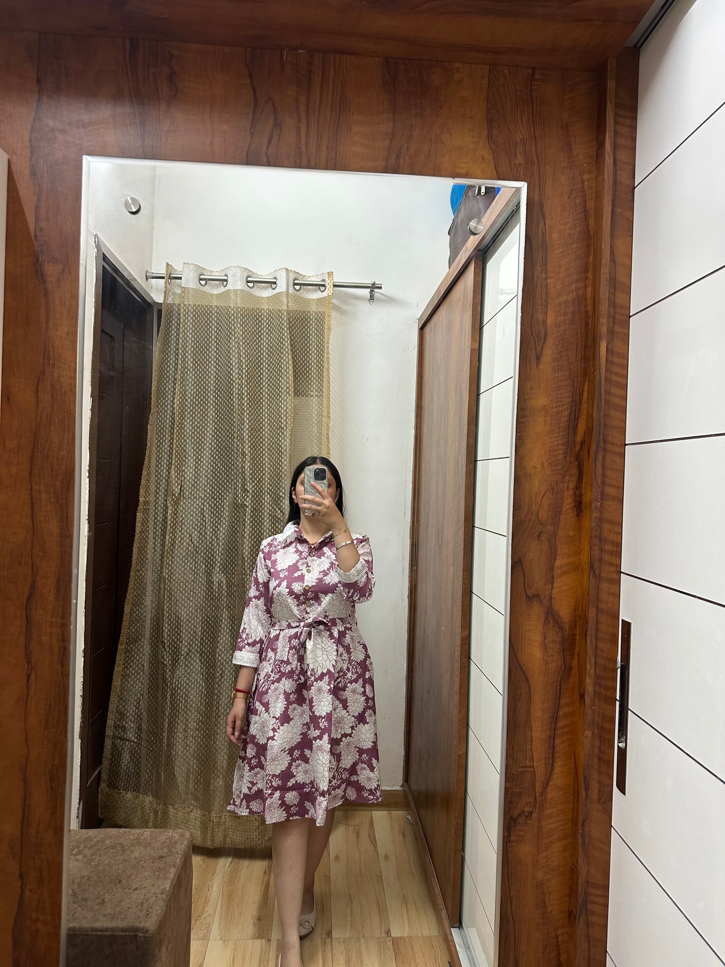 Onion Pink Floral Shirt Dress with Waist Tie