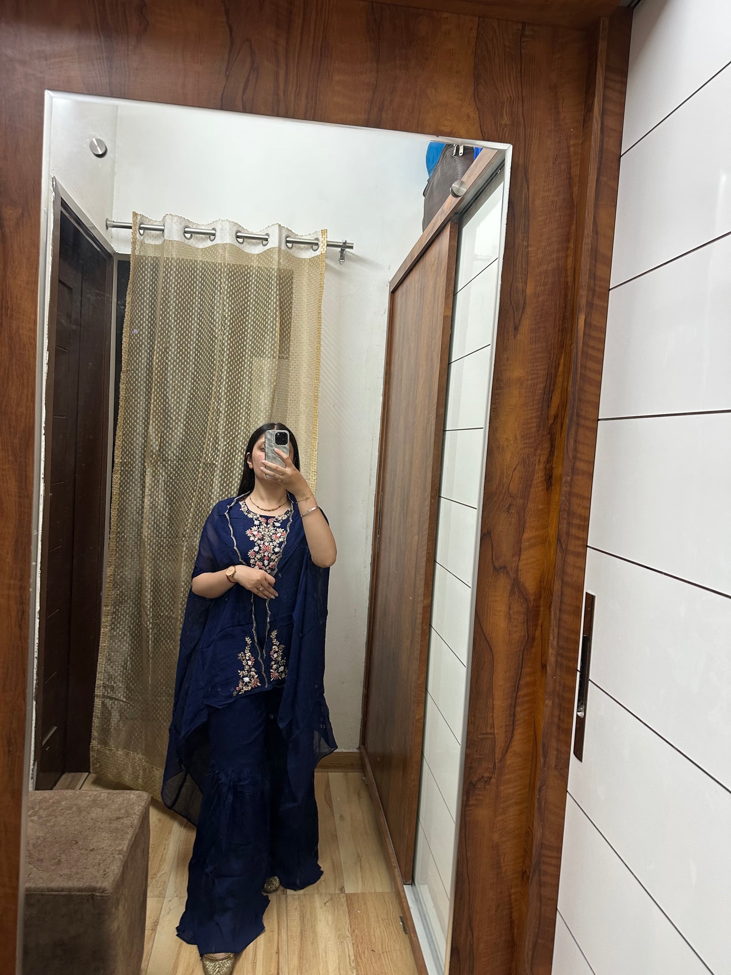 Midnight Blue Embroidered Kurta-Sharara Set with Shrug