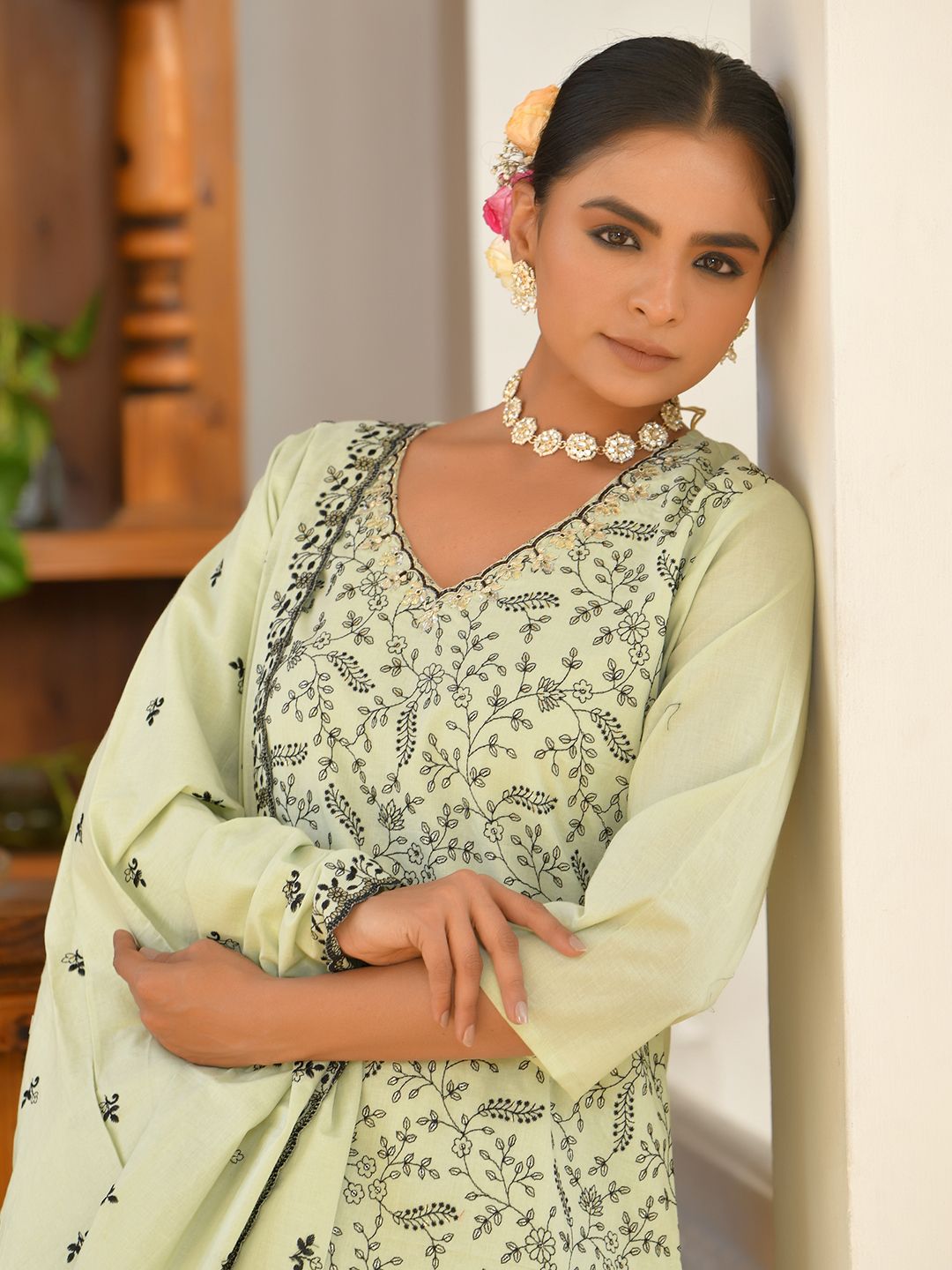 Pastel Green Cotton 3-Piece Suit Set
