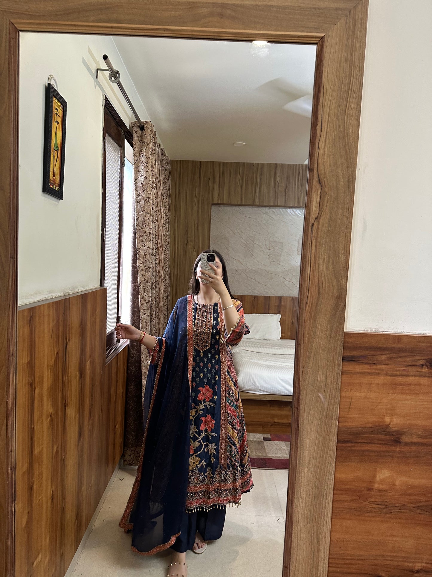 Navy Blue Pakistani Printed Pure Crepe Anarkali Set
