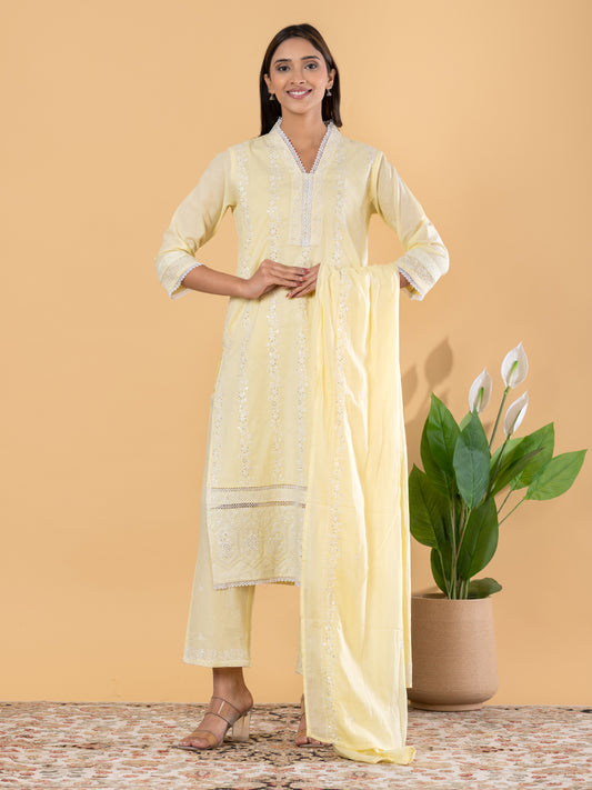 Lime Yellow Cotton Suit Set with Dupatt
