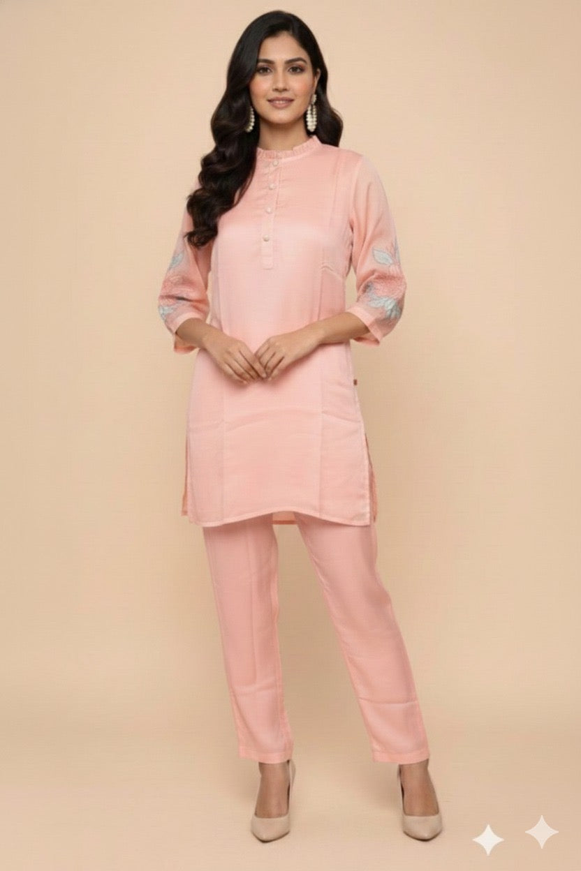 Baby Pink Organza Silk Coord Set with Sleeves