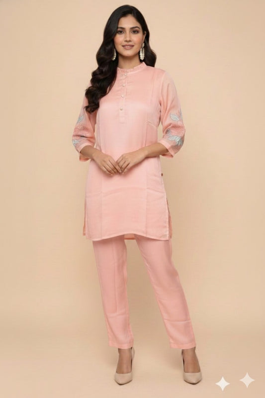 Baby Pink Organza Silk Coord Set with Sleeves