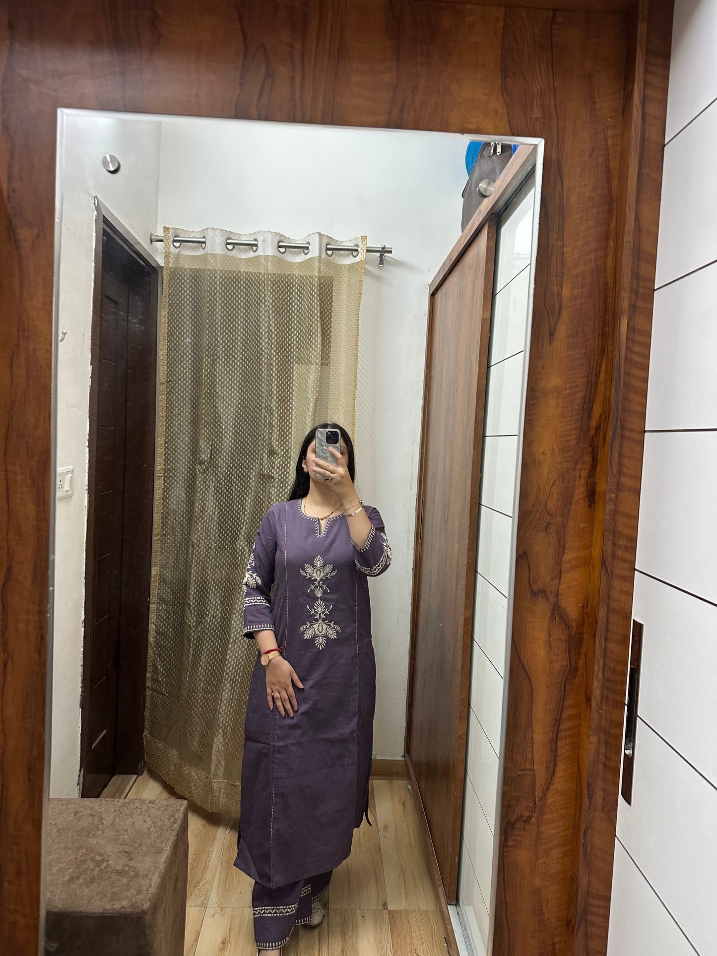 Purple Straight Kurta Set with Thread Embroidery – 2 Piece