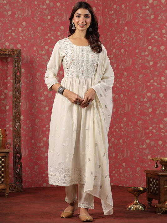 Cream Cotton Anarkali Suit Set with Delicate Thread Work