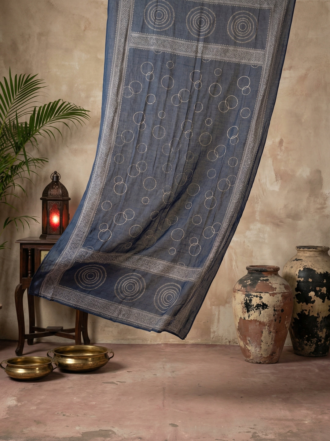 Navy Blue Cotton Anarkali Suit Set with Thread Work & Rajasthani Print