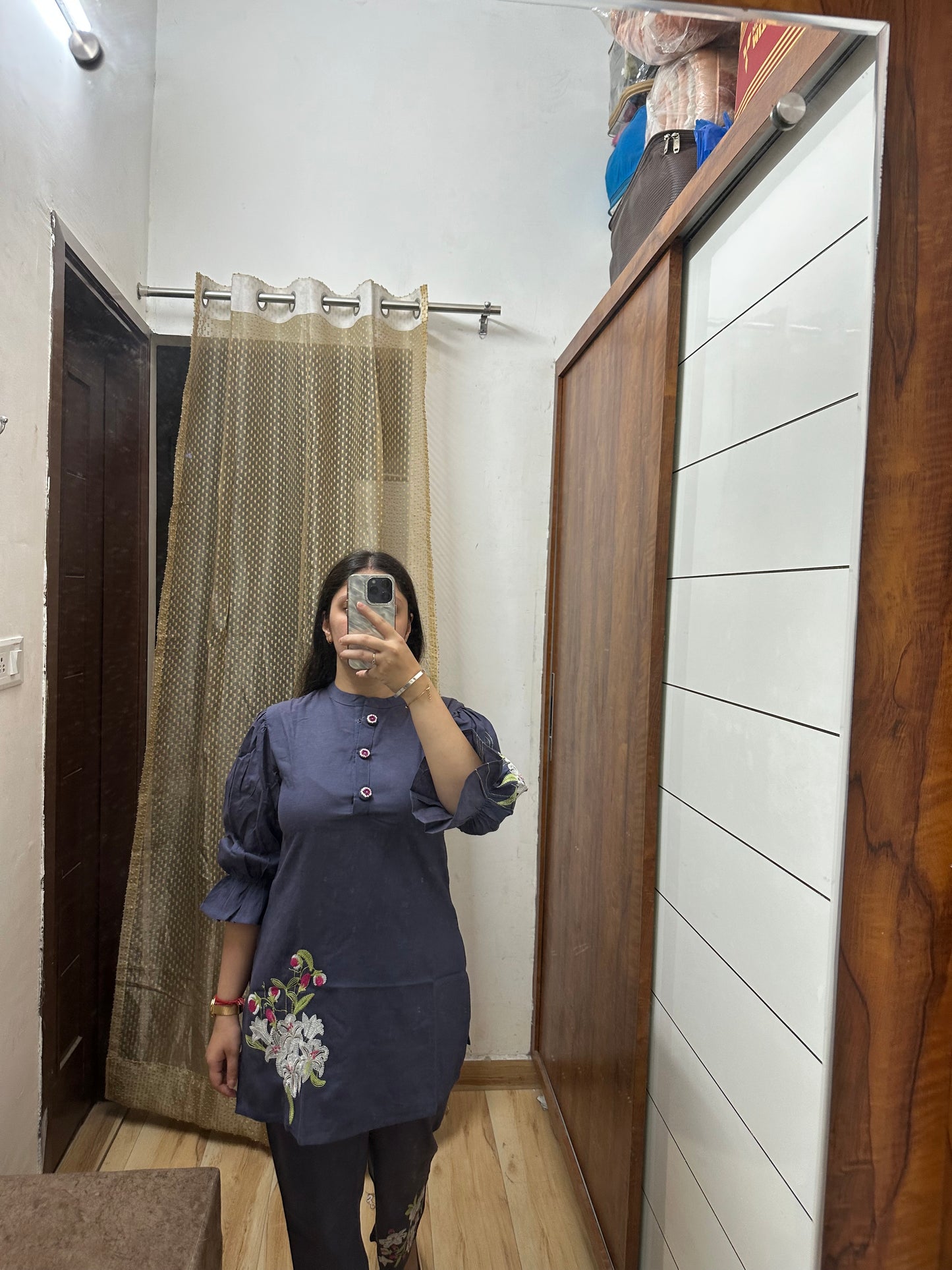 Indigo Blue Coord Set with Puff Sleeves & Floral Print Accents