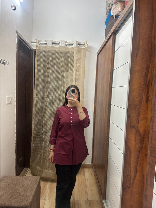Solid Maroon Cotton Kurti Top – Pleated Front with Stitch Detailing