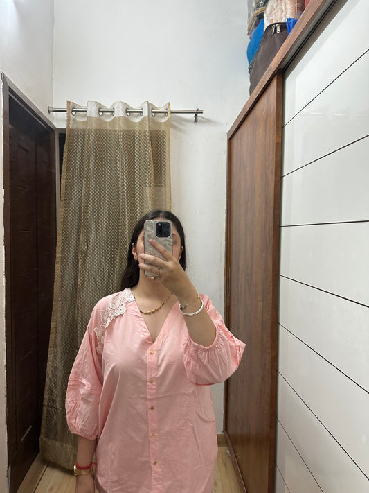 Peach Cotton Coord Set with Puff Sleeves Shirt