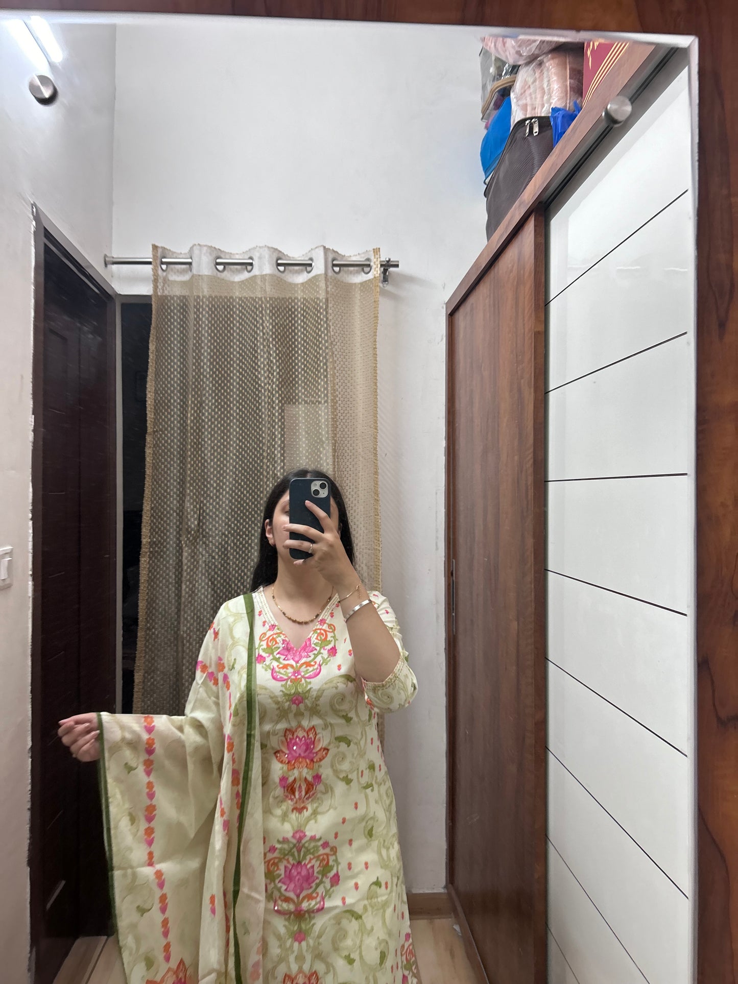 Ivory Pink Lotus Print Suit Set with Dupatta