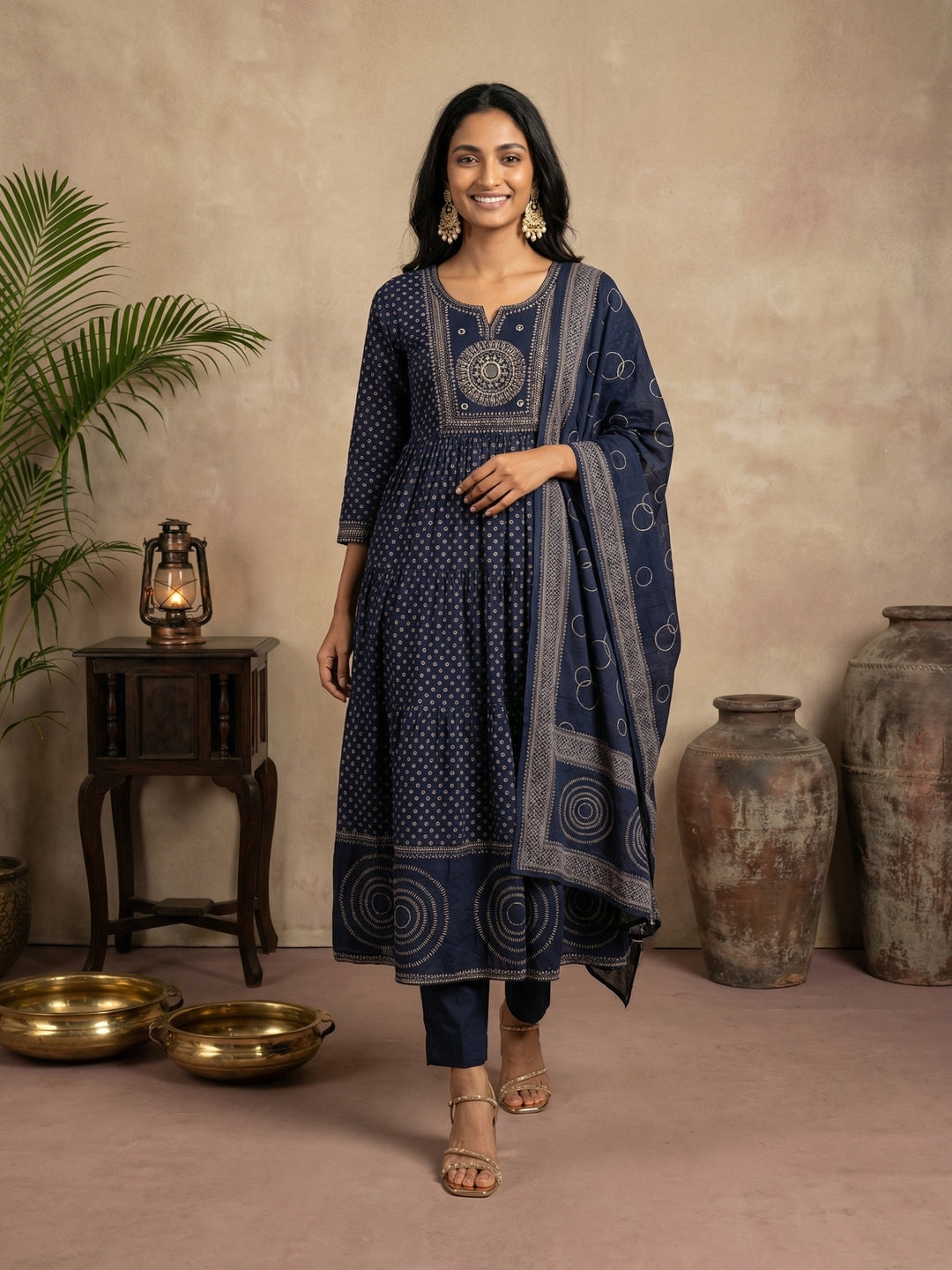 Navy Blue Cotton Anarkali Suit Set with Thread Work & Rajasthani Print