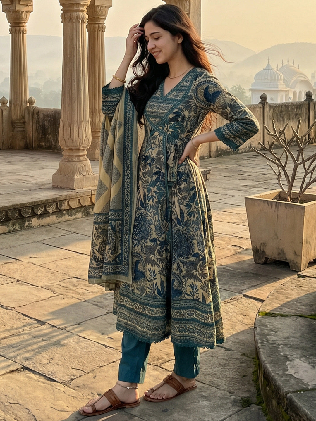 Teal Cotton Anarkali Suit Set for Women