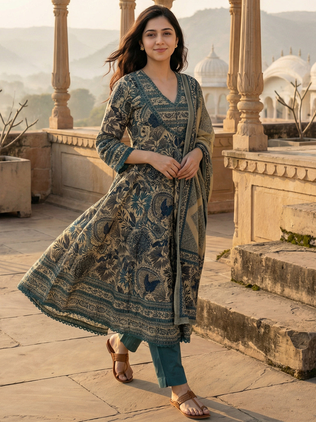 Teal Cotton Anarkali Suit Set for Women