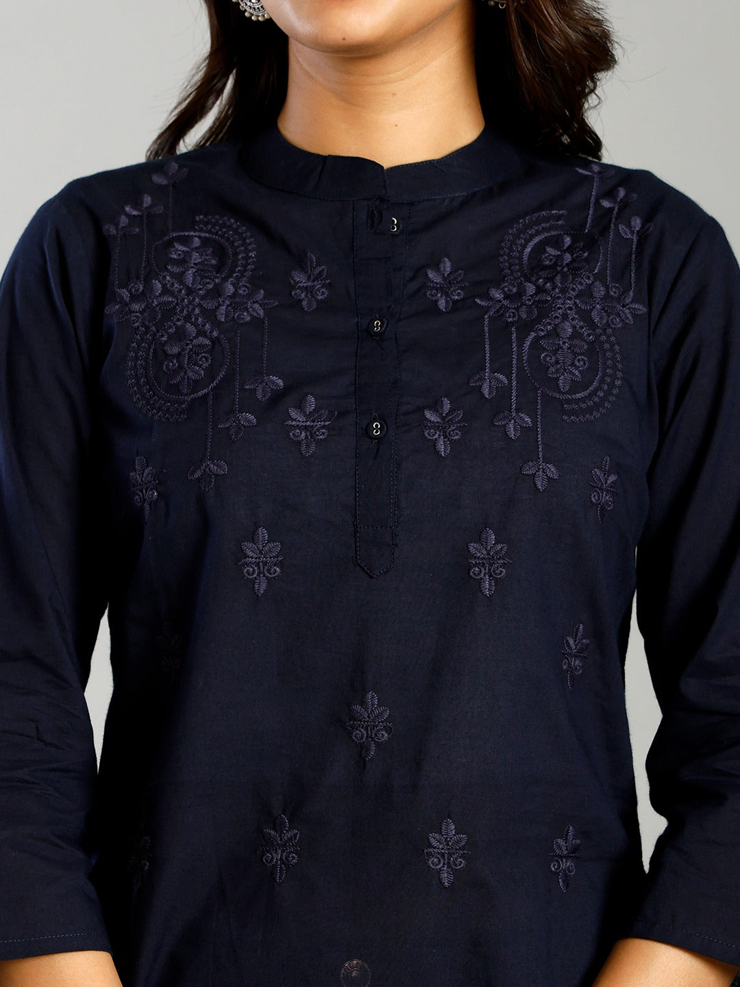 Navy Blue Cotton Chikankari Kurti Top – Thread Embroidered