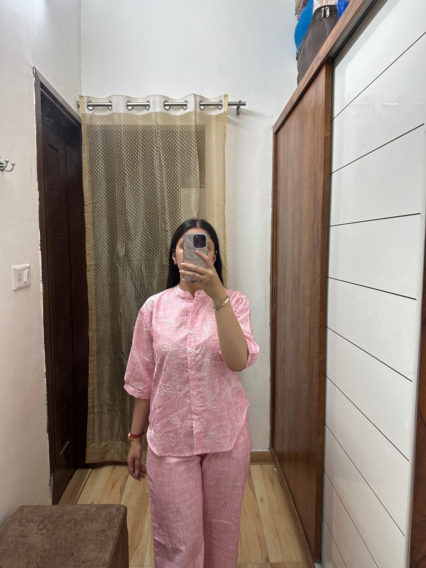 Blush Pink Linen Coord Set with Subtle Self-Print