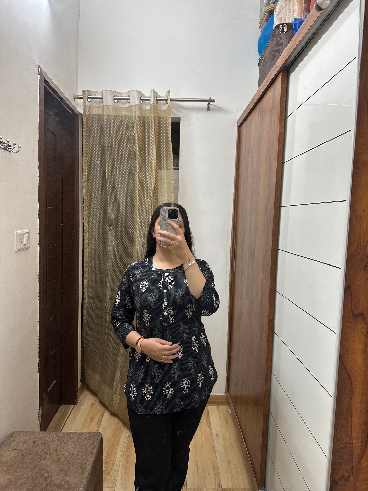 Black Handblock Printed Cotton Kurti Top – Straight Fit with Wooden Button Detail