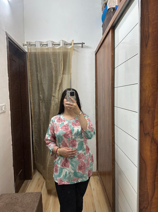 Mint Green & Rose Pink Floral Cotton Kurti – Fresh & Feminine