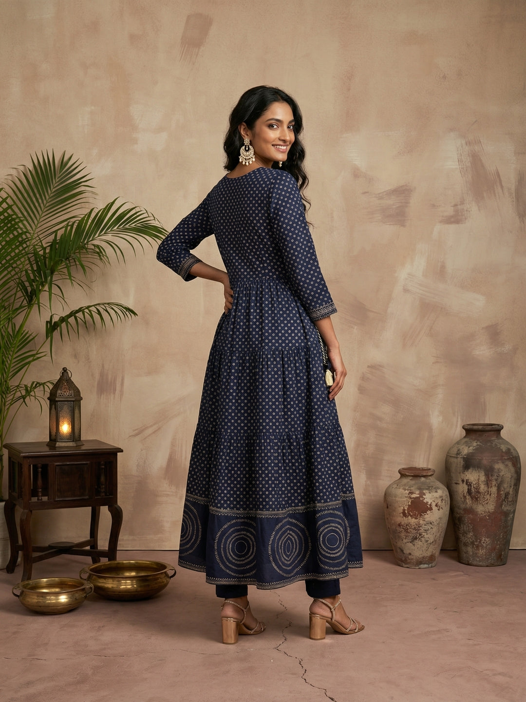 Navy Blue Cotton Anarkali Suit Set with Thread Work & Rajasthani Print