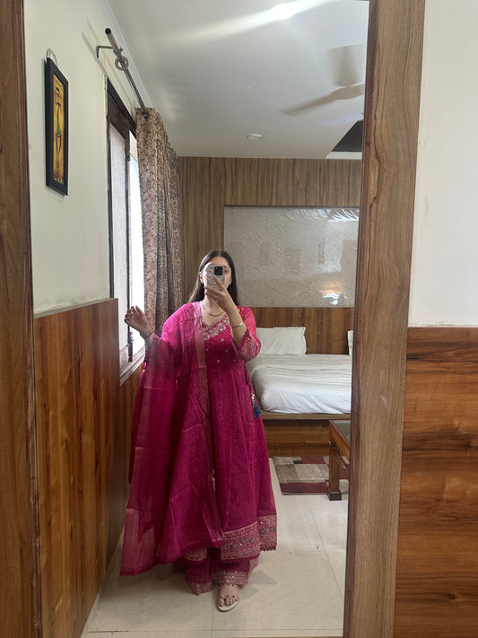 Rani Pink Anarkali Suit with Loose Sharara Pants & Dupatta